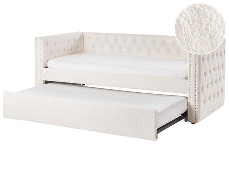 Trundle Bed Frame Off-White EU Boucle Single Size 3ft Slatted Frame Buttoned Nailhead Trims Glam Beliani