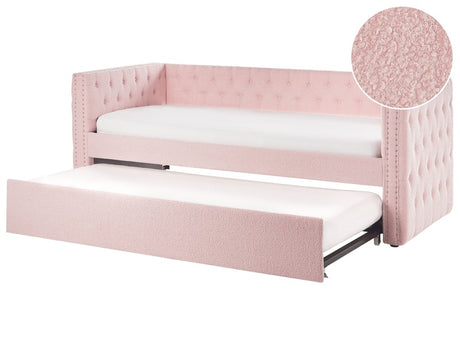 Trundle Bed Frame Pink EU Boucle Single Size 3ft Slatted Frame Buttoned Nailhead Trims Glam Beliani