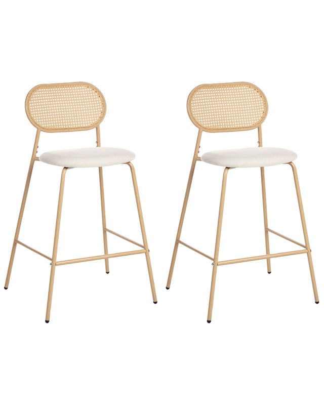 Set of 2 Bar Chairs Light Wood Metal Frame Rattan Upholstered Backrest Counter Stools Beliani