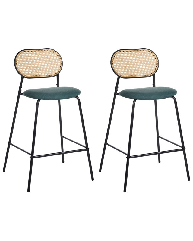 Set of 2 Bar Chairs Black Metal Frame Rattan Upholstered Backrest Counter Stools Beliani