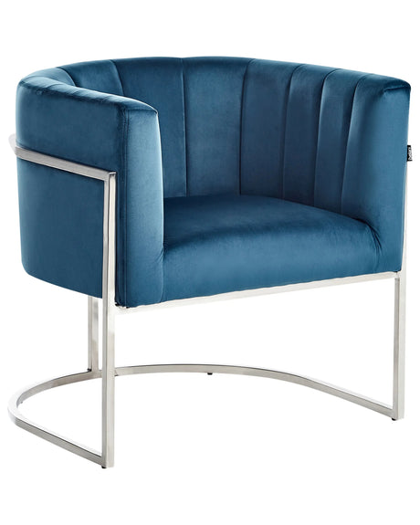 Armchair Blue Velvet Fabric Silver Metal Frame Scalloped Back Glam Style Beliani