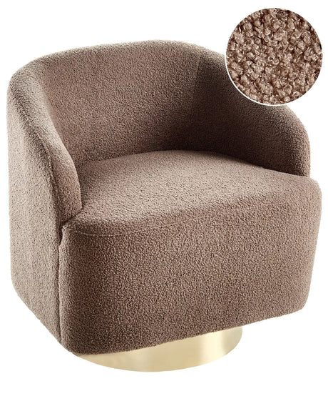 Armchair Brown Boucle Fabric Soft Nubby Gold Base Swivel 360 Retro Glam Art Decor Style Beliani