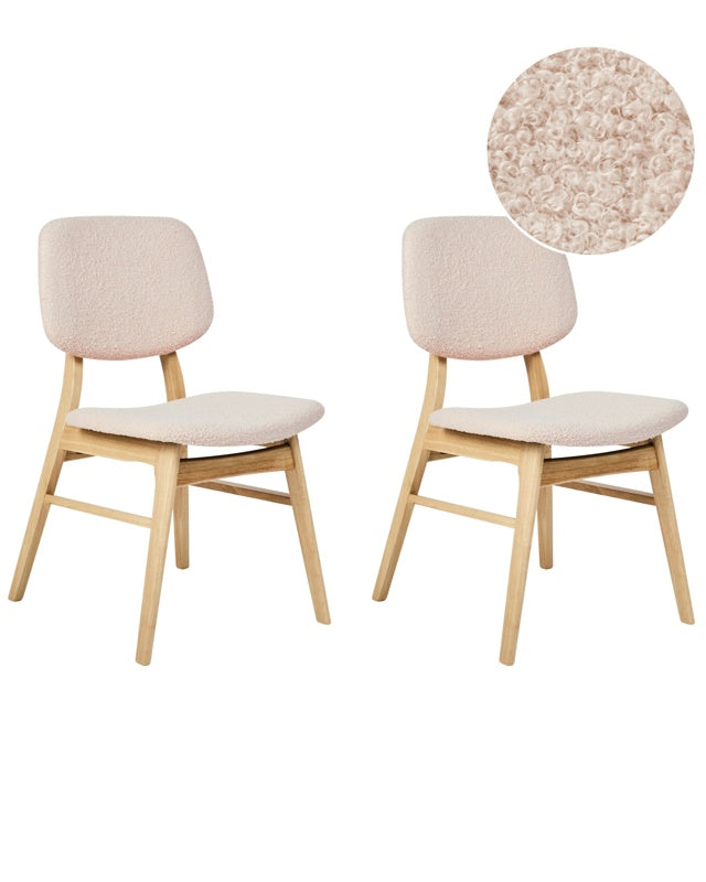 Set of 2 Dining Chairs Light Rubberwood Frame Beige Boucle Fabric Seat Armless Retro Design Beliani