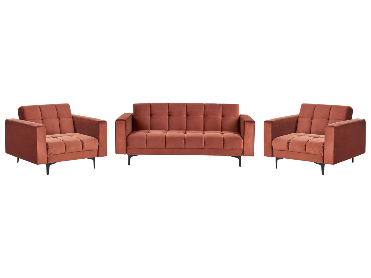 Living Room Set Red Velvet Fabric Upholstery 3 Seater and 2 Armchairs Reclining Backrest 3 Positions Click-Clack Beliani