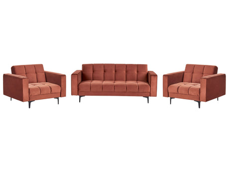 Living Room Set Red Velvet Fabric Upholstery 3 Seater and 2 Armchairs Reclining Backrest 3 Positions Click-Clack Beliani