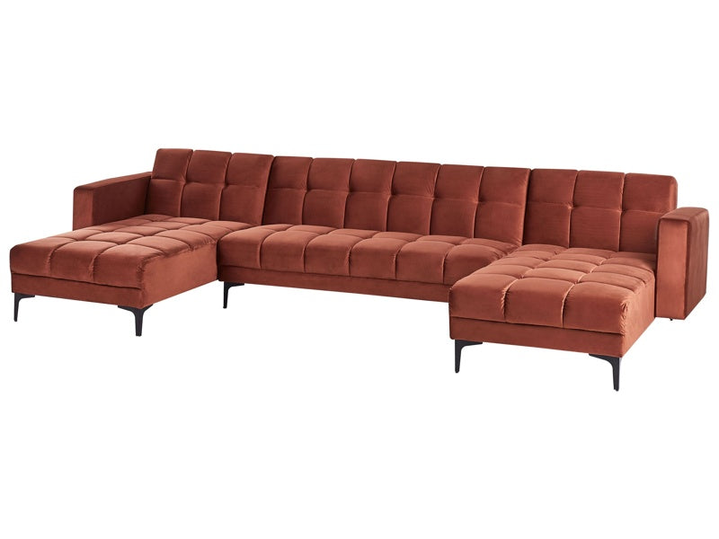 5 Seater U-Shaped Sofa Red Velvet Fabric Upholstery Reclining Backrest 3 Positions Click-Clack Beliani