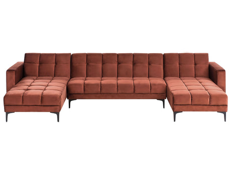5 Seater U-Shaped Sofa Red Velvet Fabric Upholstery Reclining Backrest 3 Positions Click-Clack Beliani