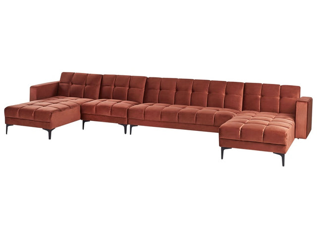 6 Seater U-Shaped Sofa Red Velvet Fabric Upholstery Reclining Backrest 3 Positions Click-Clack Beliani