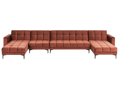 6 Seater U-Shaped Sofa Red Velvet Fabric Upholstery Reclining Backrest 3 Positions Click-Clack Beliani