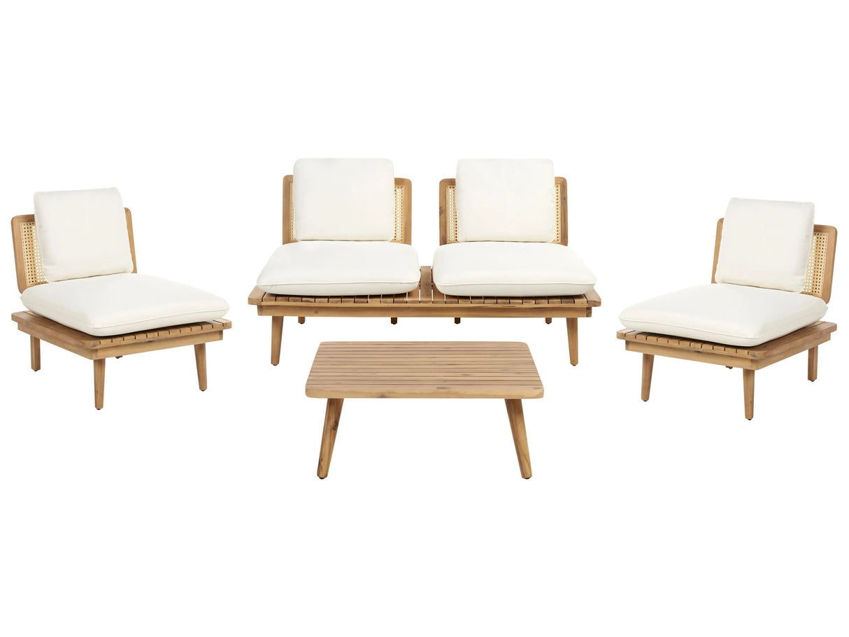 5 Piece Garden Set Light Wood with Light Beige Cushions Sofa Armchair Coffee Table 4 Seater Conversation Set Boho Beliani
