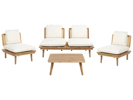 5 Piece Garden Set Light Wood with Light Beige Cushions Sofa Armchair Coffee Table 4 Seater Conversation Set Boho Beliani