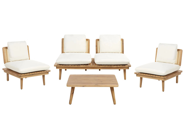 5 Piece Garden Set Light Wood with Light Beige Cushions Sofa Armchair Coffee Table 4 Seater Conversation Set Boho Beliani