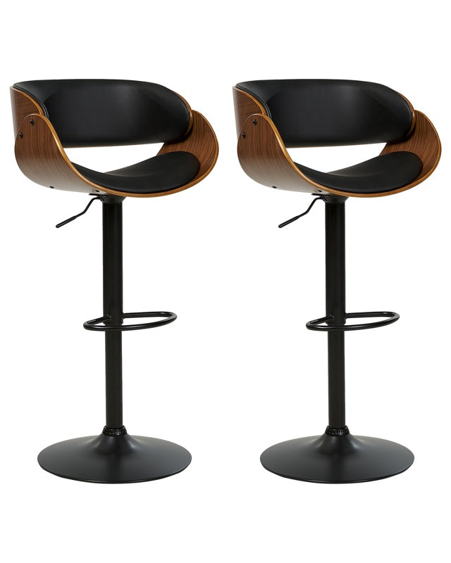 Set of 2 Bar Stools Dark Wood with Black Faux Leather Seat Footstools Swivel Gas Lift Adjustable Height Modern Beliani