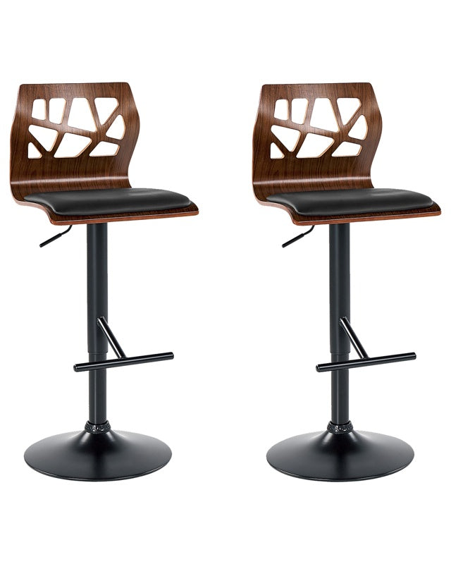 Set of 2 Bar Stools Dark Wood Black Faux Leather Footrest Swivel Gas Lift Adjustable Height Modern Beliani