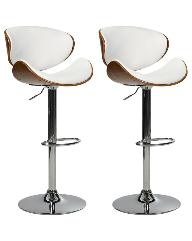 Set of 2 Bar Stools Dark Wood with White Faux Leather Upholstery Footstool Swivel Gas Lift Adjustable Height Modern Beliani