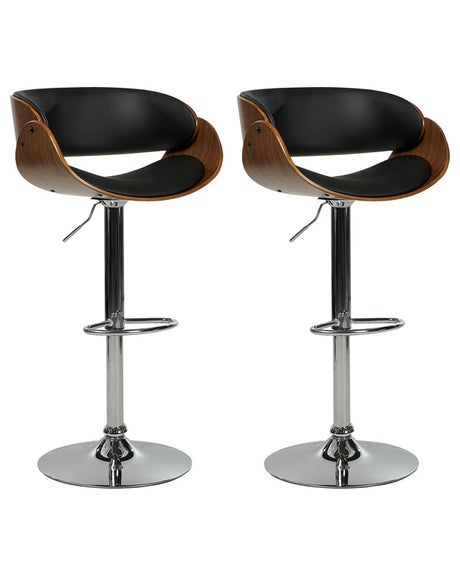 Set of 2 Bar Stools Dark Wood with Black Faux Leather Seat Footstools Swivel Gas Lift Adjustable Height Modern Beliani