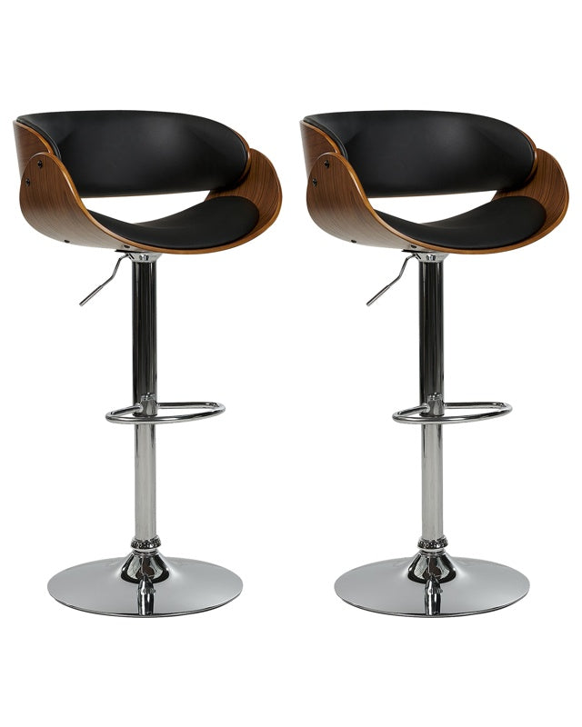 Set of 2 Bar Stools Dark Wood with Black Faux Leather Seat Footstools Swivel Gas Lift Adjustable Height Modern Beliani