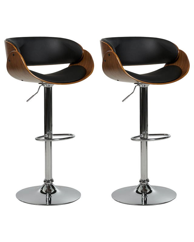 Set of 2 Bar Stools Dark Wood with Black Faux Leather Seat Footstools Swivel Gas Lift Adjustable Height Modern Beliani