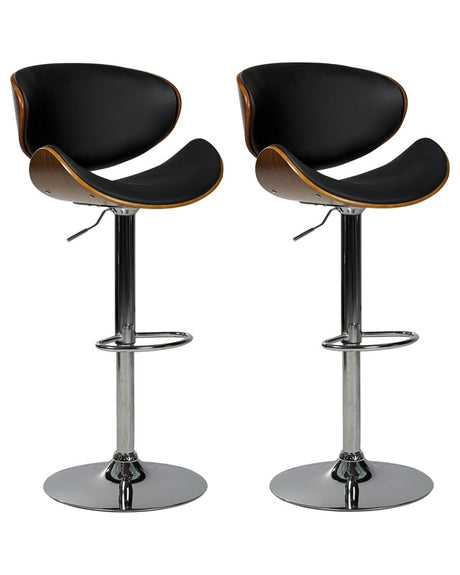 Set of 2 Bar Stools Dark Wood with Black Faux Leather Upholstery Footstool Swivel Gas Lift Adjustable Height Modern Beliani