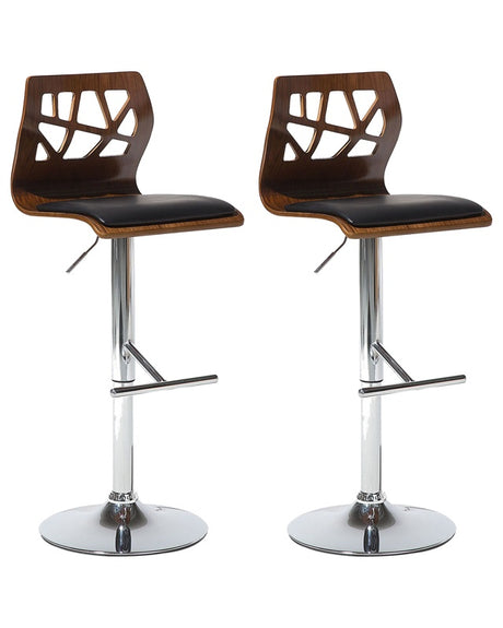 Set of 2 Bar Stools Dark Wood Black Faux Leather Footrest Swivel Gas Lift Adjustable Height Modern Beliani