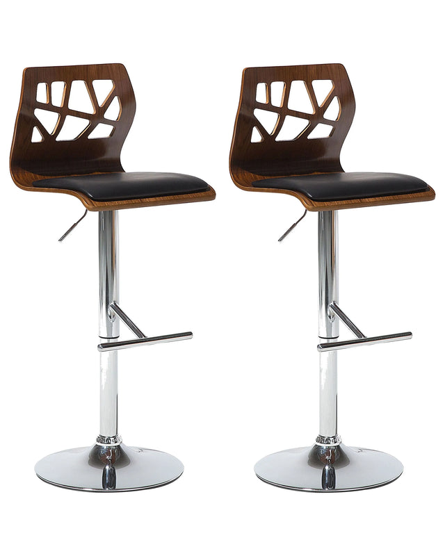 Set of 2 Bar Stools Dark Wood Black Faux Leather Footrest Swivel Gas Lift Adjustable Height Modern Beliani