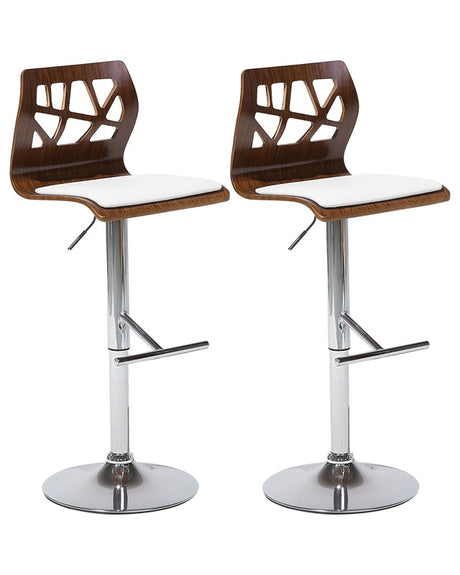 Set of 2 Bar Stools Dark Wood White Faux Leather Footrest Swivel Gas Lift Adjustable Height Modern Beliani