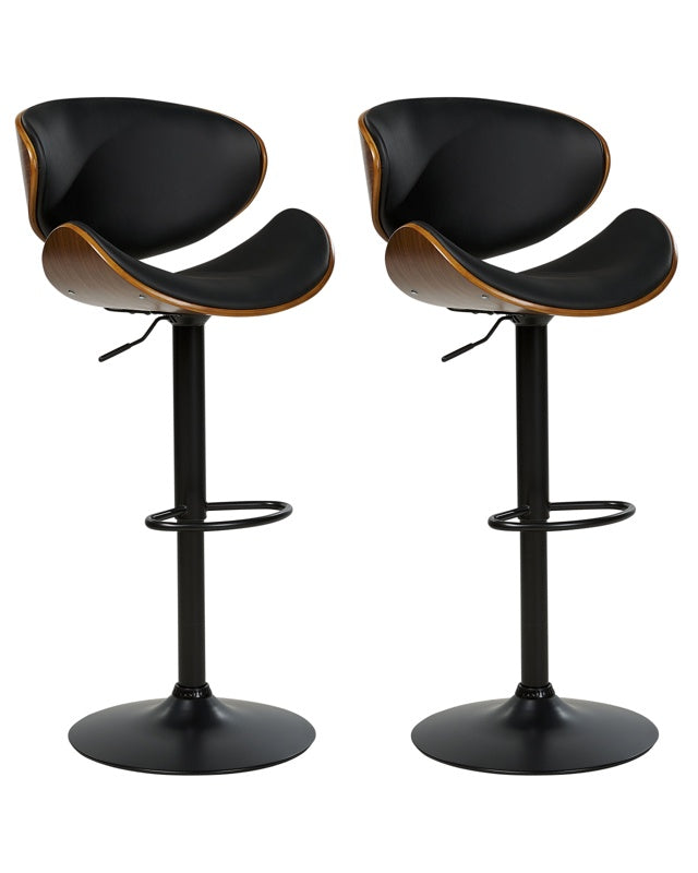 Set of 2 Bar Stools Dark Wood with Black Faux Leather Upholstery Footstool Swivel Gas Lift Adjustable Height Modern Beliani