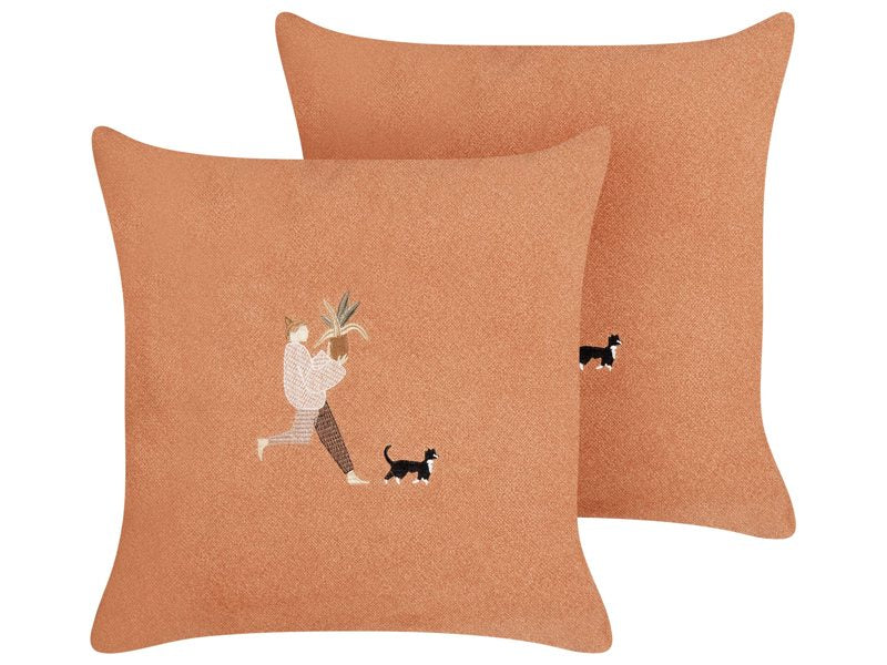 Set of 2 Cushions Orange Polyester 45 x 45 cm with Embroidery Removable Covers Home Accessory Living Room Beliani