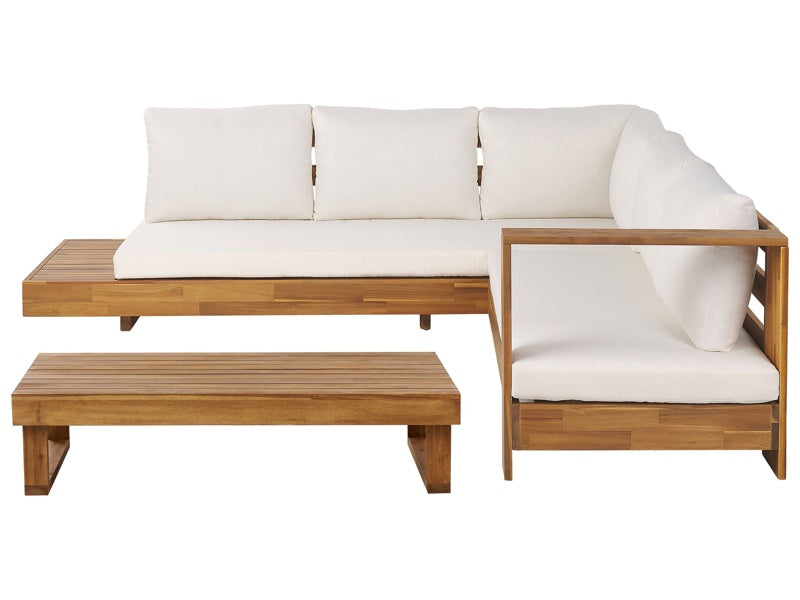 Outdoor Lounge Set Light Acacia Wood with White Cushions Left Hand Lounge Set with Coffee Table Beliani