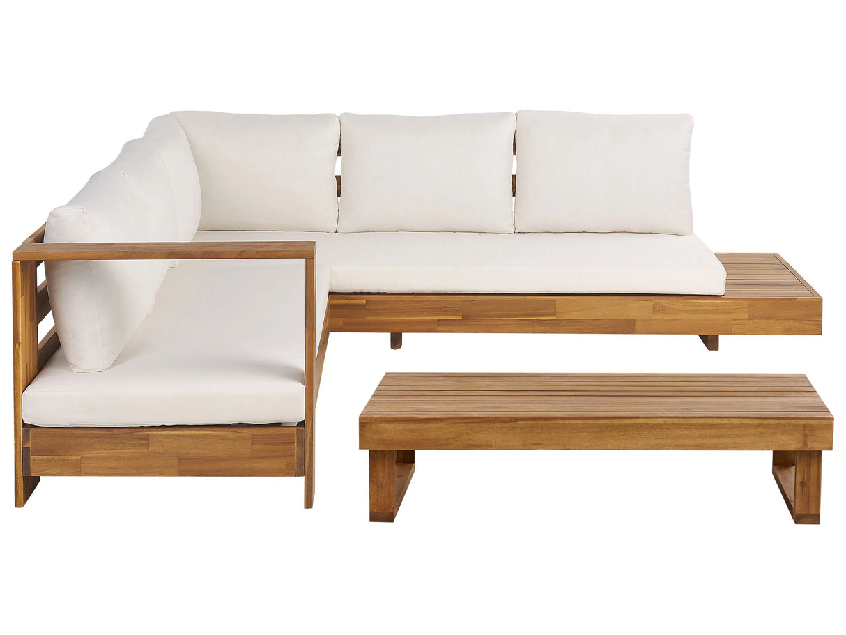 Outdoor Lounge Set Light Acacia Wood with White Cushions Right Hand Lounge Set with Coffee Table Beliani