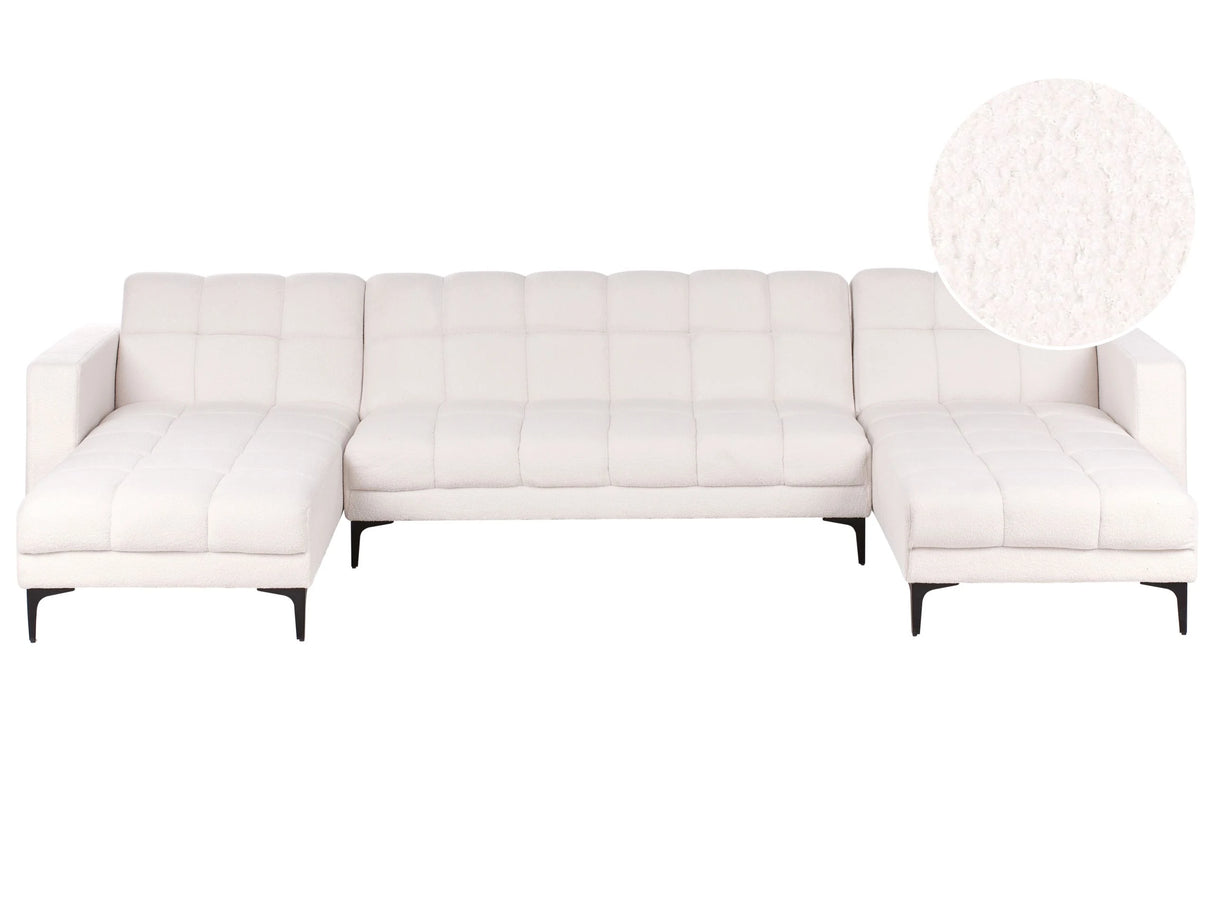 5 Seater U-Shaped Sofa White Boucle Upholstery Reclining Backrest 3 Positions Click-Clack Beliani