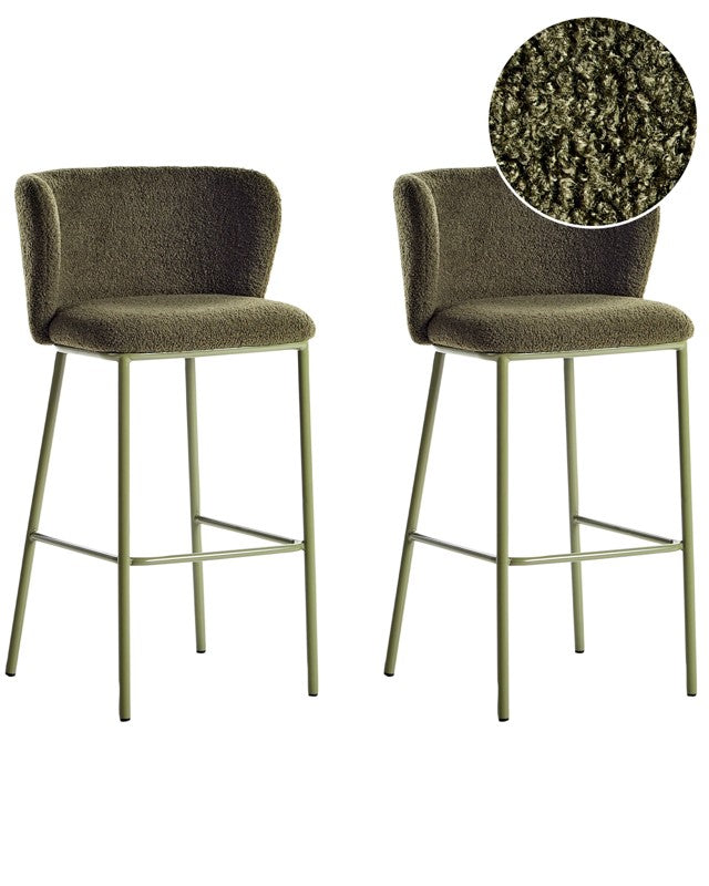 Set of 2 Bar Chairs Dark Green Boucle Upholstery Black Metal Legs Armless Stools Curved Backrest Modern Dining Room Kitchen Beliani