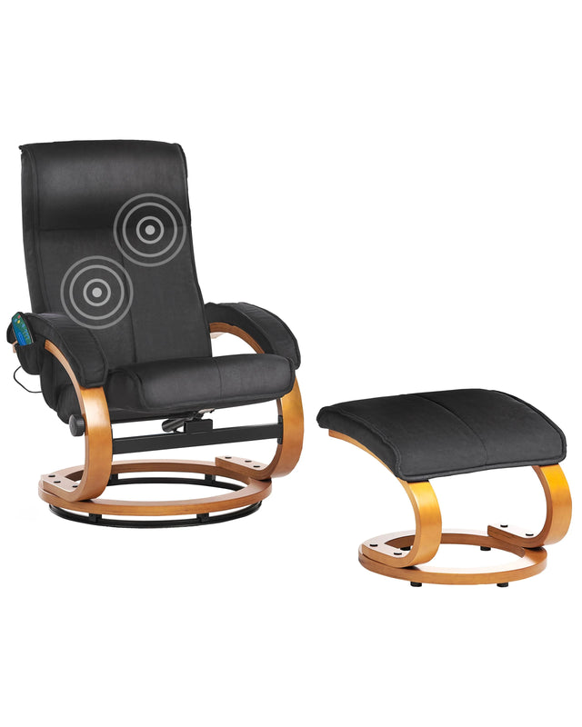 Recliner Armchair Black with Footstool Polyester Fabric Upholstered Wooden Frame Heating Massage Function Retro Design Beliani