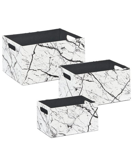 Set of 3 Storage Baskets White Faux Leather Marble Effect Handmade with Handles Shelving Box Modern Design Beliani