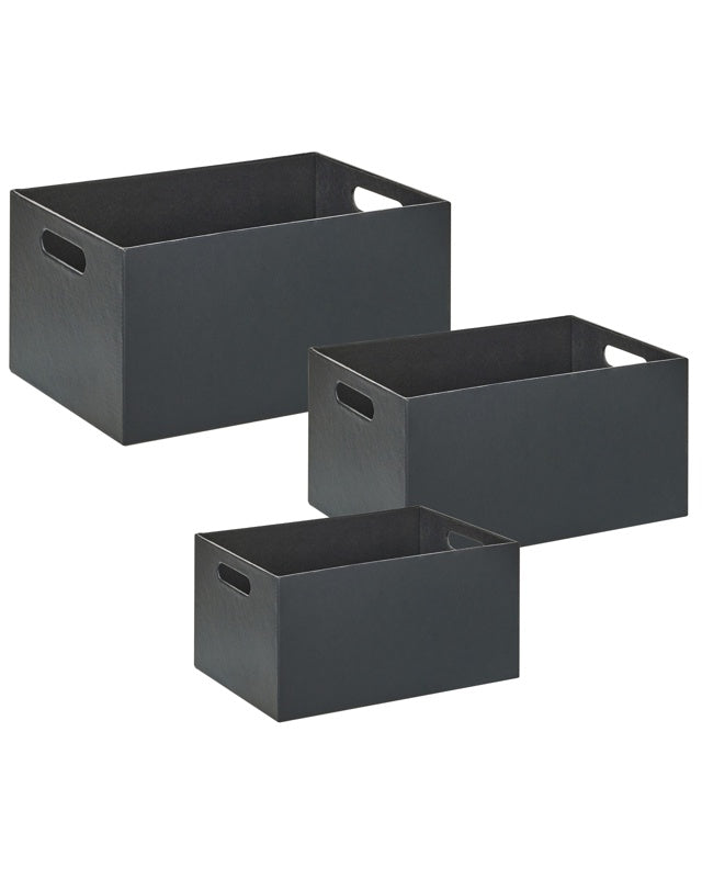 Set of 3 Storage Baskets Graphite Grey Faux Leather Handmade with Handles Shelving Box Modern Design Beliani