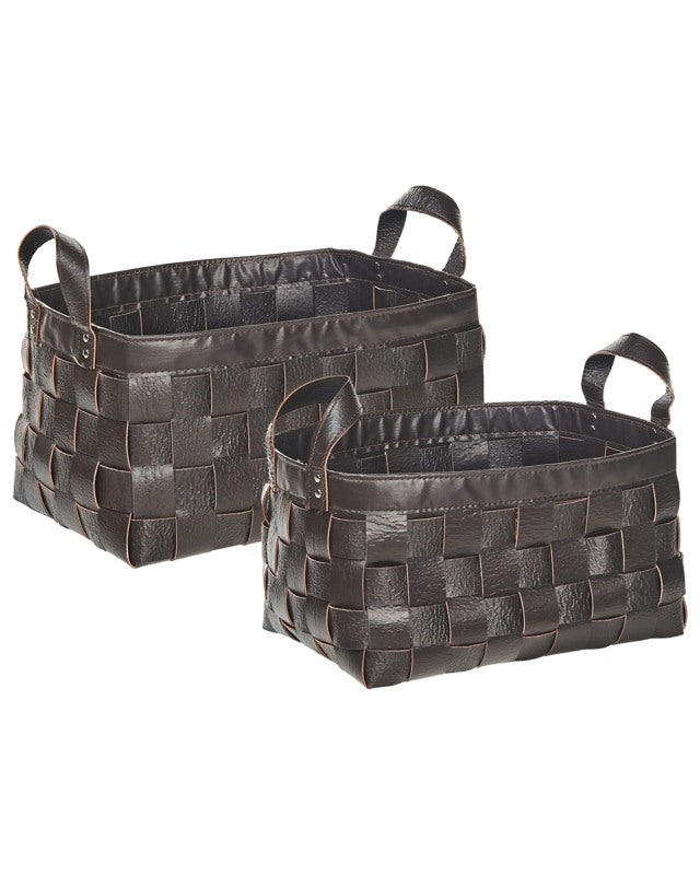 Set of 2 Storage Baskets Dark Brown Faux Leather Handmade with Handles Shelving Box Retro Design Beliani