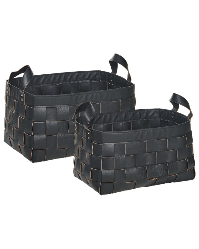 Set of 2 Storage Baskets Black Faux Leather Handmade with Handles Shelving Box Retro Design Beliani