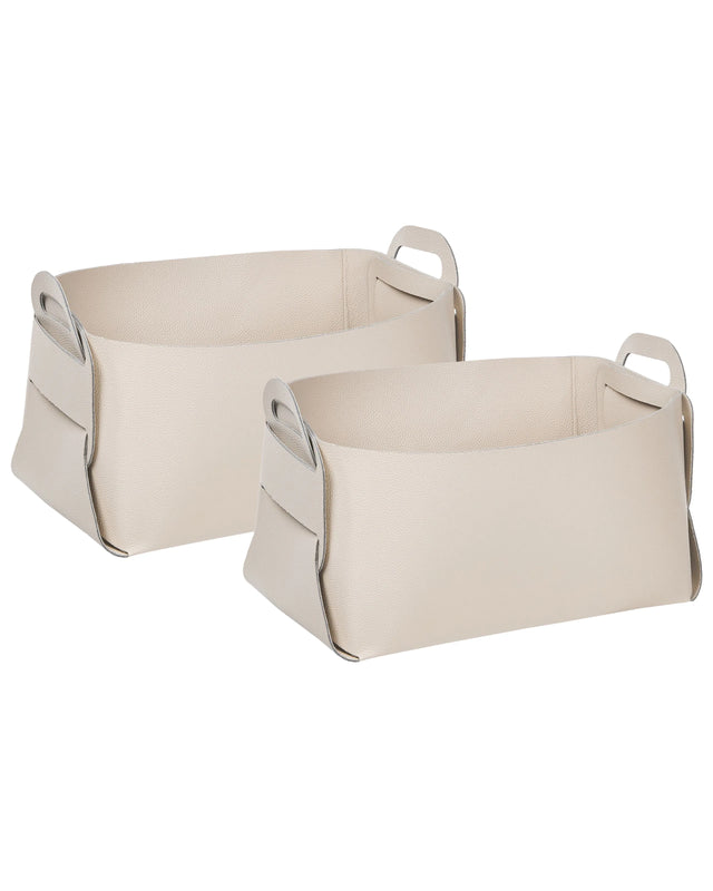Set of 2 Storage Baskets Beige Faux Leather Handmade with Handles Shelving Box Retro Design Beliani