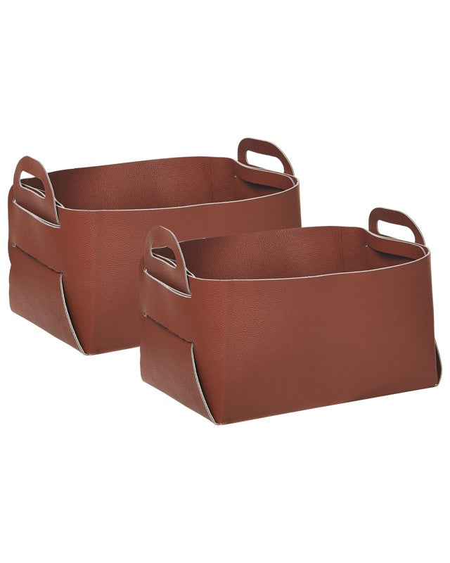 Set of 2 Storage Baskets Brown Faux Leather Handmade with Handles Shelving Box Retro Design Beliani