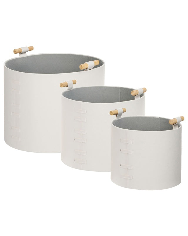 Set of 3 Storage Baskets Off-White Faux Leather Handmade with Handles Shelving Box Modern Minimalist Beliani