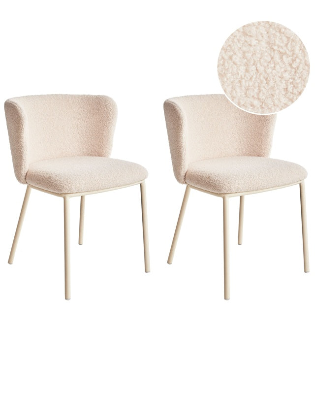 Set of 2 Dining Chairs Beige Boucle Upholstery Beige Metal Legs Armless Curved Backrest Modern Contemporary Design Beliani