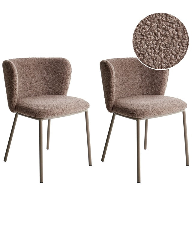 Set of 2 Dining Chairs Brown Boucle Upholstery Brown Metal Legs Armless Curved Backrest Modern Contemporary Design Beliani