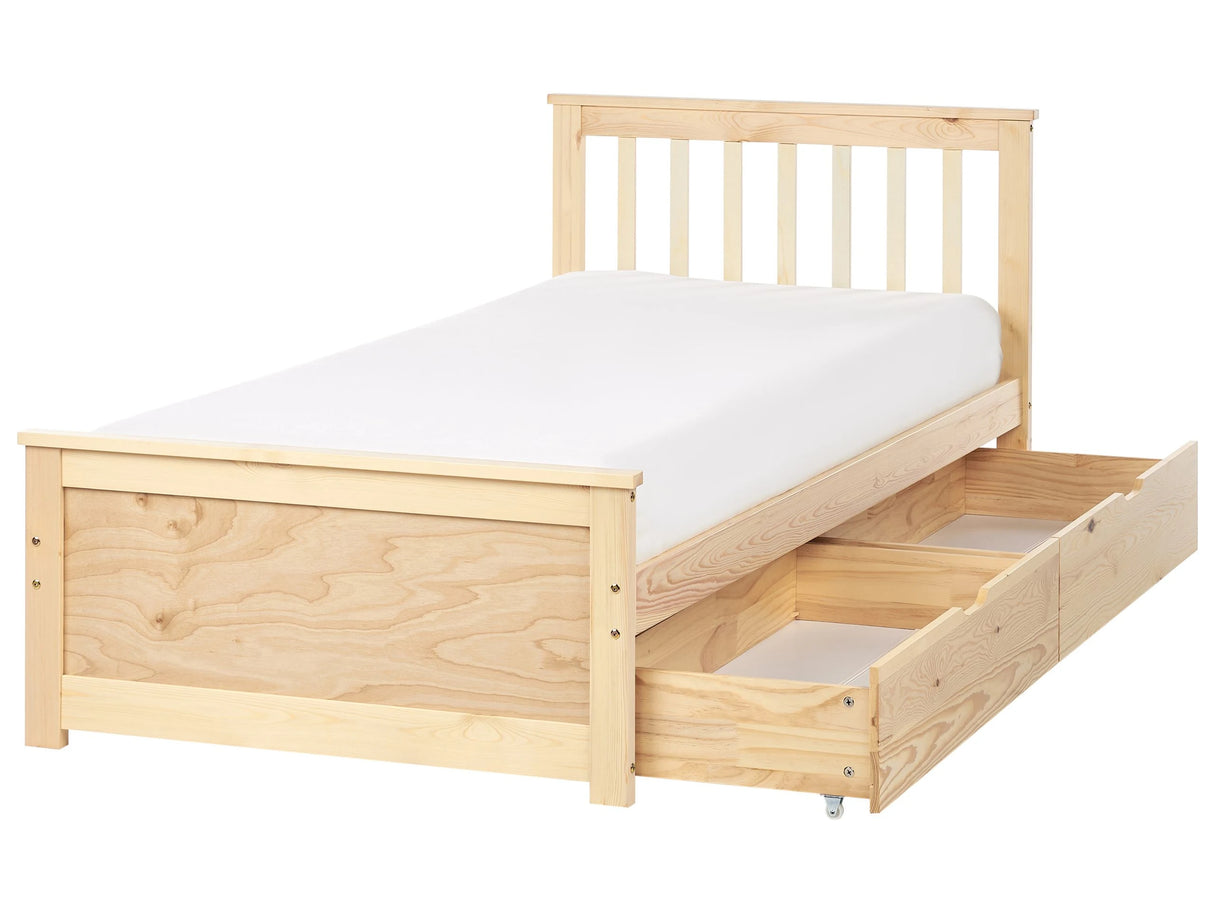 Bed Frame Light Brown Pine Wood MDF Storage Set of 2 Drawers EU Single Size 3ft Headboard Minimalist Beliani