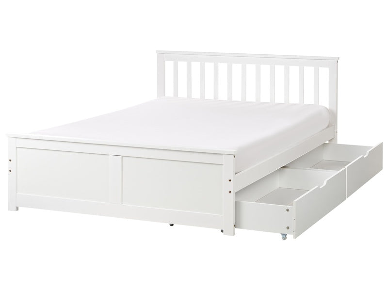 Bed Frame White Pine Wood MDF Storage Set of 2 Drawers EU Double Size 4ft6 Headboard Minimalist Beliani