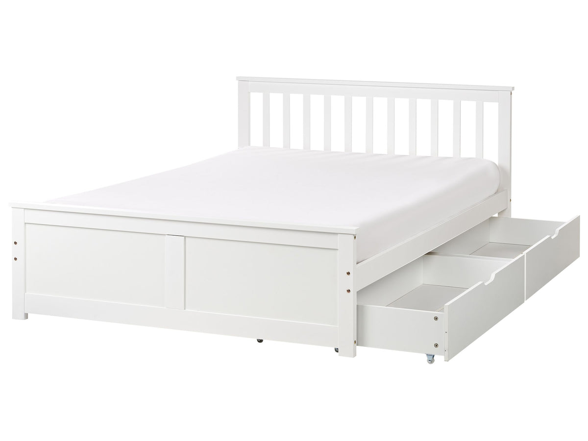 Bed Frame White Pine Wood MDF Storage Set of 2 Drawers EU Double Size 4ft6 Headboard Minimalist Beliani