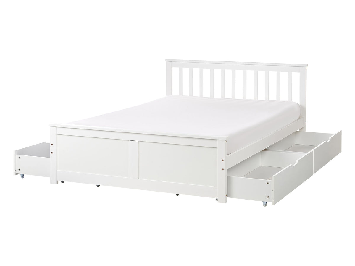 Bed Frame White Pine Wood MDF Storage Set of 4 Drawers EU Double Size 4ft6 Headboard Minimalist Beliani