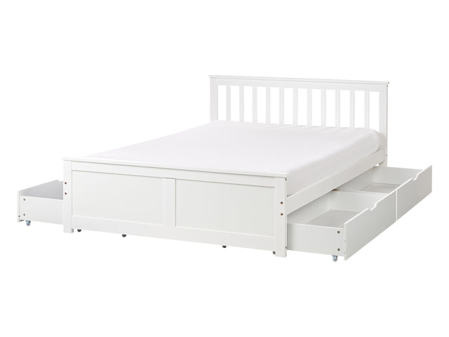 Bed Frame White Pine Wood MDF Storage Set of 4 Drawers EU Double Size 4ft6 Headboard Minimalist Beliani