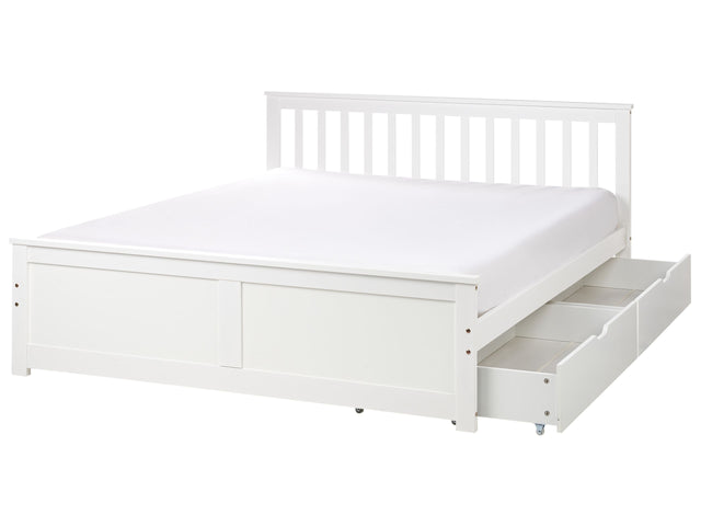 Bed Frame White Pine Wood MDF Storage Set of 2 Drawers EU King Size 5ft3 Headboard Minimalist Beliani