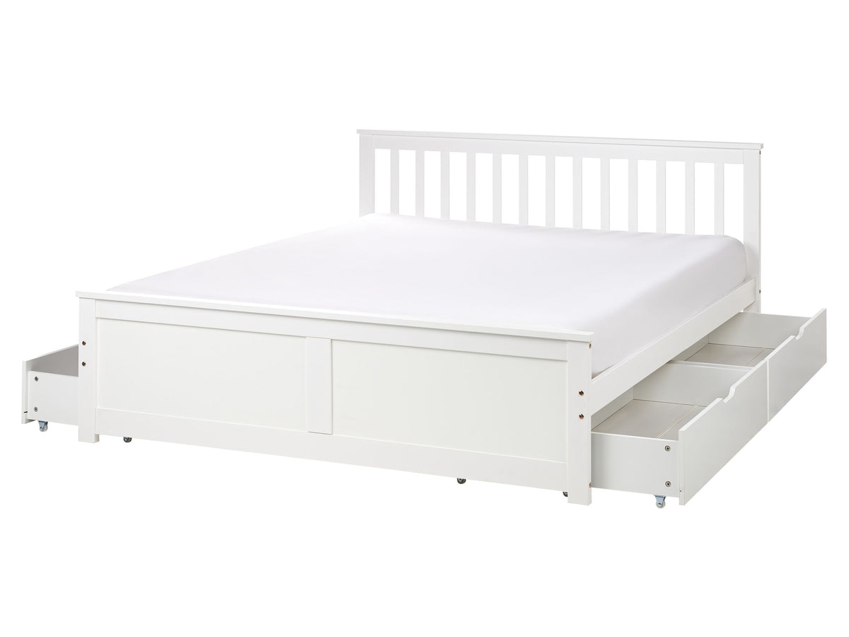 Bed Frame White Pine Wood MDF Storage Set of 4 Drawers EU King Size 5ft3 Headboard Minimalist Beliani