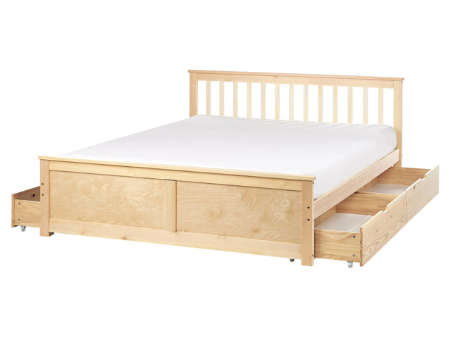 Bed Frame Light Brown Pine Wood MDF Storage Set of 4 Drawers EU King Size 5ft3 Headboard Minimalist Beliani